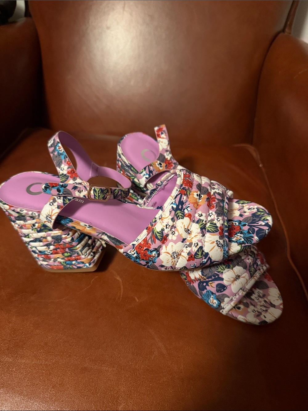 C. Wonder Floral Multicolor Braided Block Heel Sandals with Pink Insole